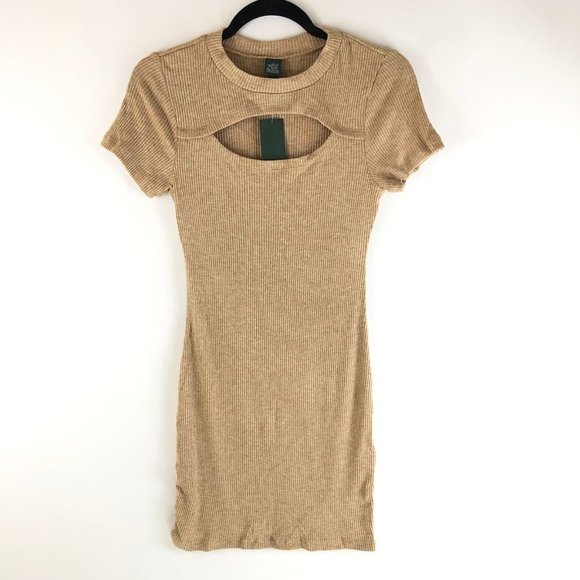 Wild Fable Mini Dress Ribbed Cutout Short Sleeve Crew Neck Stretch Beige XXL - Picture 1 of 4
